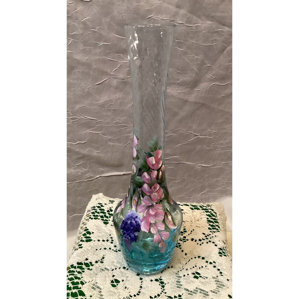 Blue Hand Painted Bud Vase Beautiful Pink & Purple Flowers Mother's Day Gift